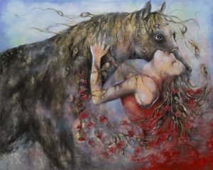 Obraz przedstawiający kobietę i konia malowany ręcznie - SandeckaArt