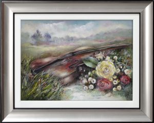 Obraz przedstawiający kwiaty i gitarę malowany ręcznie - SandeckaArt